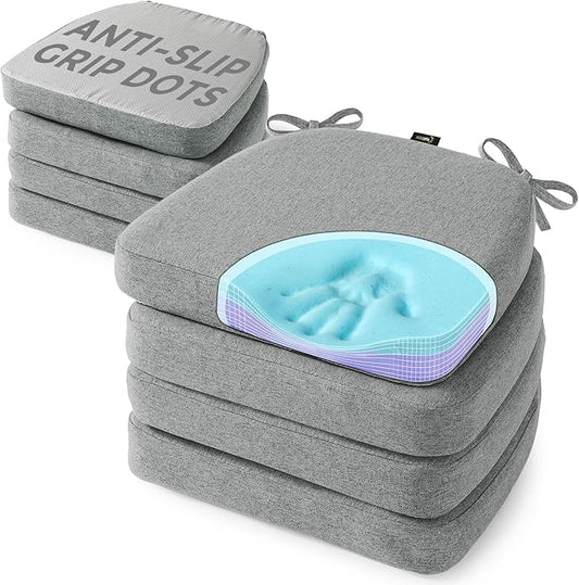SUNROX Cooling Gel Memory Foam Chair Cushions, 2.6" Thick U-Shaped Dual-Layer Comfort Dining Chair Pads, Non Slip Seat Cushion with Ties for Indoor Kitchen Office 17"x16" Set of 8, Heather Grey