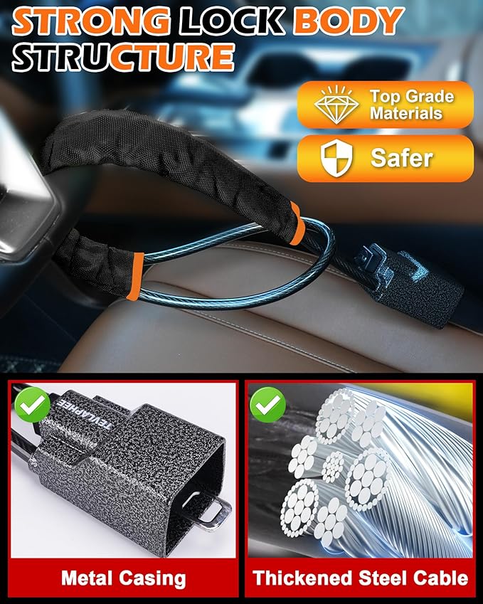Tevlaphee Steering Wheel Lock Seat Belt Lock Universal Anti Theft Car Device Car Lock Car Theft Prevention with 3 Keys for Car Security Fit Most Vehicles Truck SUV Van(Black)