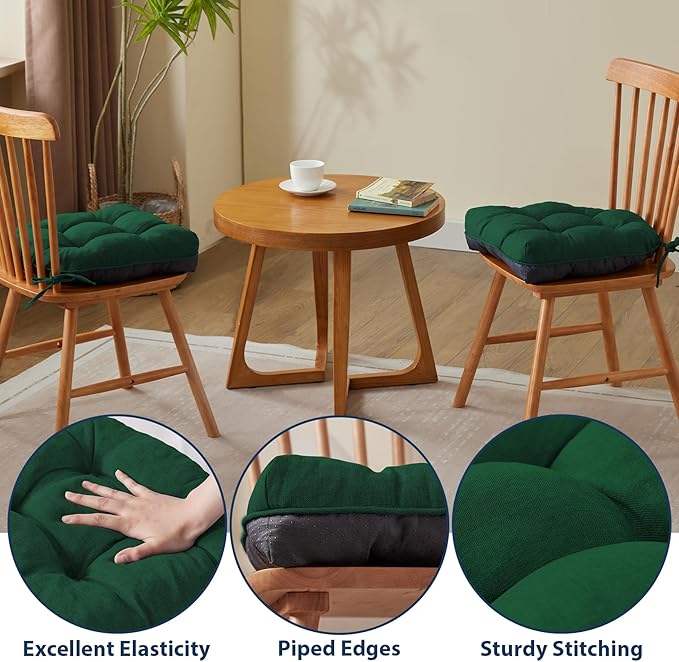IASEAHK Chair Cushions for Dining Chairs, Seat Cushions for Kitchen Chairs, Indoor Seat Cushions with Ties, Tufted Foam Chair Pads, Non Slip Chair Cushions Set of 6, 15.5" x 15.5" x 4", Dark Green