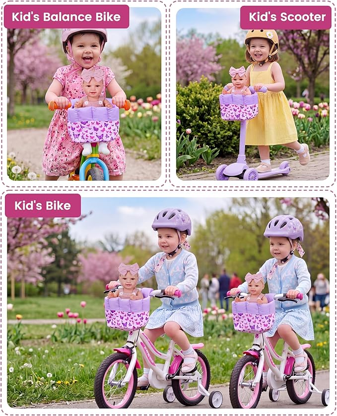 BABESIDE Doll Bike Seat for 12 Inch Dolls, Butterfly Doll Carrier for Kids Bike and Scooter, Baby Doll Accessories for Outdoor Play, Doll Bicycle Seat Gift for Girls Age 3+