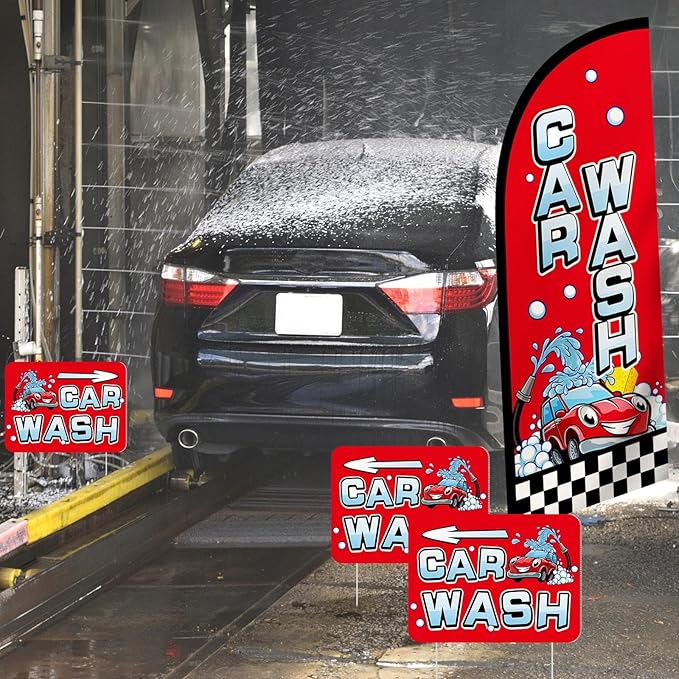 Car Wash Feather Flag Pole Kit Include 7 ft Banner Flag with Poles 5 Pcs Car Wash Sign and 10 Pcs Ground Stake for Outside Business Stores Shops Decoration