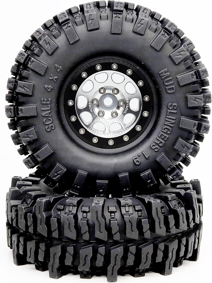 HOBBYSOUL 120mm Tall 1.9 Mud Slingers T8 Tires Tyres Mounted on Aluminum 1.9 Beadlock Wheels for 1/10 RC TRX4 SCX10 Gen8 Upgrades, (4-Pack, HS700570)