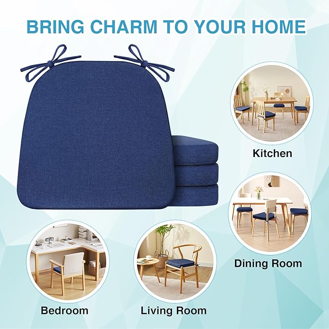 IASEAHK Chair Cushions for Dining Chairs Set of 4, Non Slip Kitchen Chair Pads, 17" x 16" x 2", Indoor Dining Chair Cushions with Ties, D-Shaped Seat Cushions for Kitchen Chairs, Navy Blue