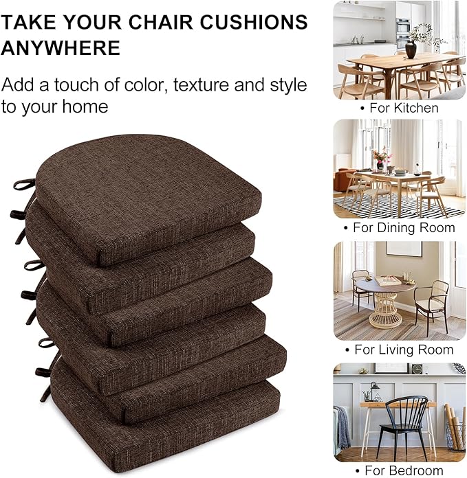 Wellsin Chair Cushions for Dining Chairs 6 Pack - Kitchen Chair Cushions with Ties and Non-Slip Backing - Dining Chair Pads 16"X16"X2", Brown