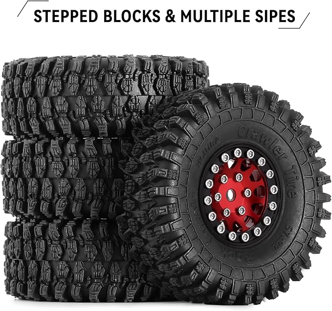 INJORA 1.0 Beadlock Wheel S5 Super Soft Sticky Crawler Tires for TRX4M Axial AX24 SCX24 FCX24 Enduro24 Upgrade, 57 * 22mm(Red)