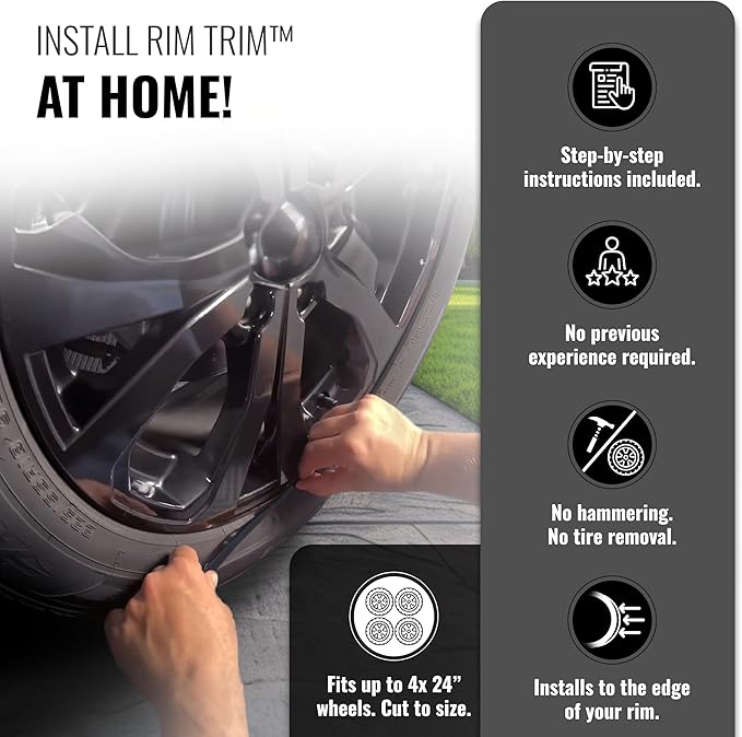 All-Fit Automotive Rim Trim – Durable DIY Car Exterior Accessories for Curb Rash Protection – Fits Up to Four 24” Wheels – Flexible, Durable Wheel Rim Protector (3/8″ width/Black)