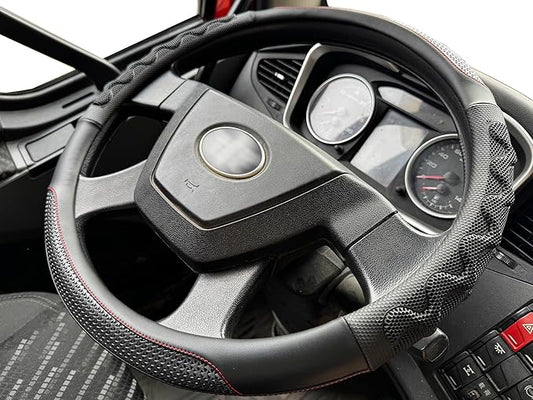 PINCTROT XL Size 17.5-18 Inch Great Grip Steering Wheel Cover for Semi Truck, Fits RV, Big Rig Trucker, 18 Wheeler and Classic Cars, Anti-Slip Design 17.5-18 Inch (Black/Red Stitch)