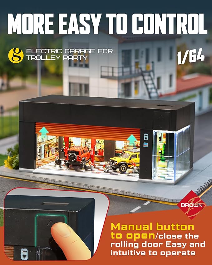 1/64 Scale Diecast Display Case for Hot Wheel Storage with LED Lights, Stackable Electric Garage with Voice Control, 3 Replaceable 3D Scenes Parking Lot Diorama for Model Cars (Brown)