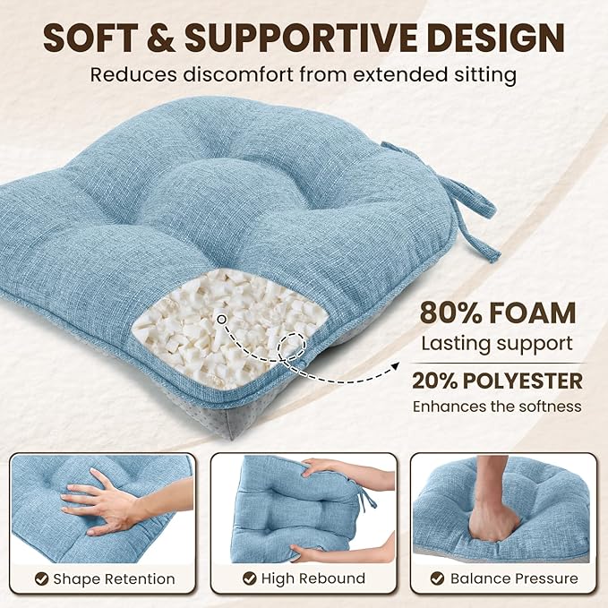 downluxe Indoor Chair Cushions for Dining Chairs, Tufted Overstuffed Textured Kitchen Chair Pads with Ties and Non-Slip Backing, 15.5" x 15.5" x 4", Light Blue, 6 Pack