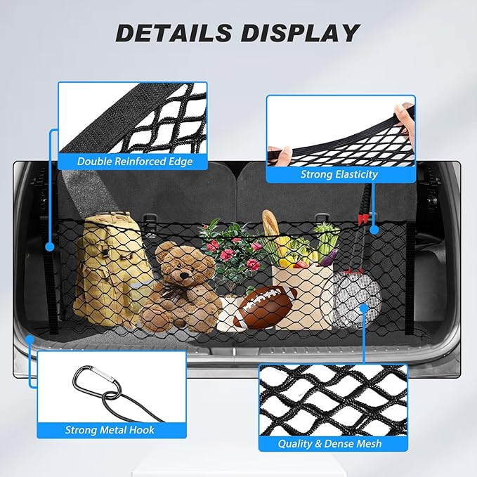 Karltys Envelope Style Cargo Net for 2021-2024 2025 2026 Kia Sorento, Heavy Duty Rear Trunk Mesh Cargo Net for 2025 Sorento Accessories, Elastic Mesh Netting Organizer with Metal Hooks