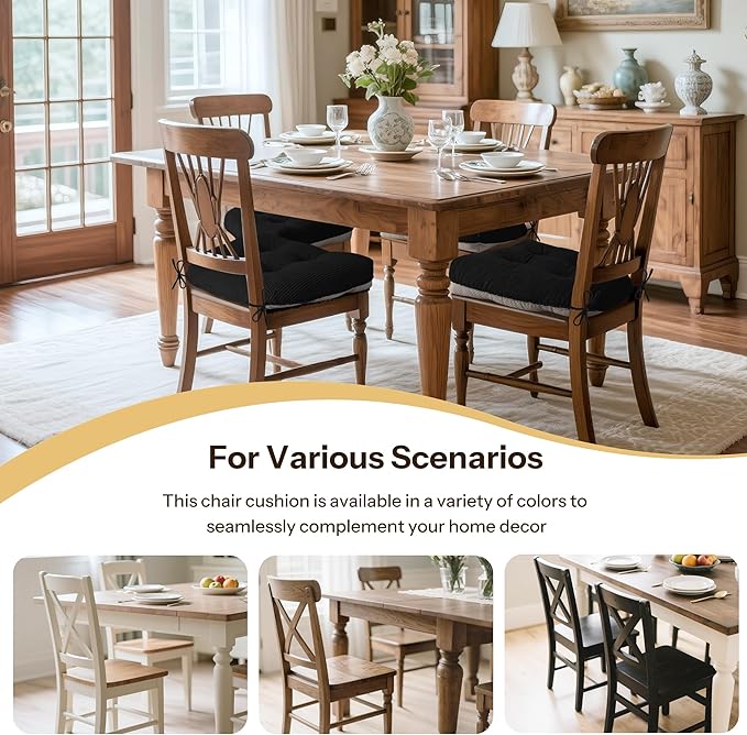 Indoor Kitchen Chair Cushions Set of 4 18"X16.5"X3" Soft Anti Slip Dining Chair Pads Tufted Kitchen Seat Cushion with Ties, Black