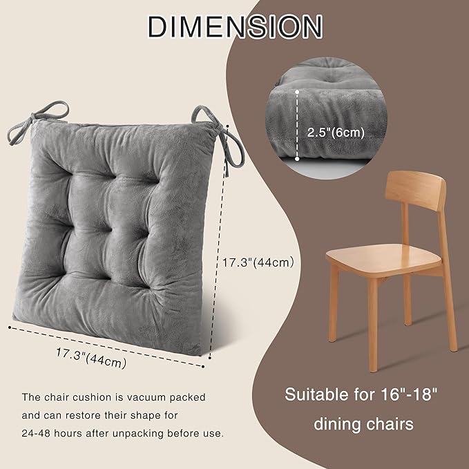 OVOV 6 Pack Chair Cushions for Dining Chairs Soft Seat Cushions for Kitchen Desk Chairs Square Chair Pads with Ties (15.5"x15.5" Light Grey)