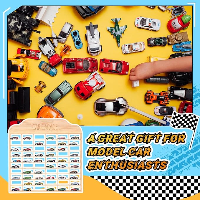 Seenelling Wooden Display Case for Hot Diecast Wheels, Wall Mount, 1/64 Scale, Toy Car Storage Display Shelf, Model Car Storage Organizer, Cabinet for Model Collectible(Wood Color,60 Spaces)