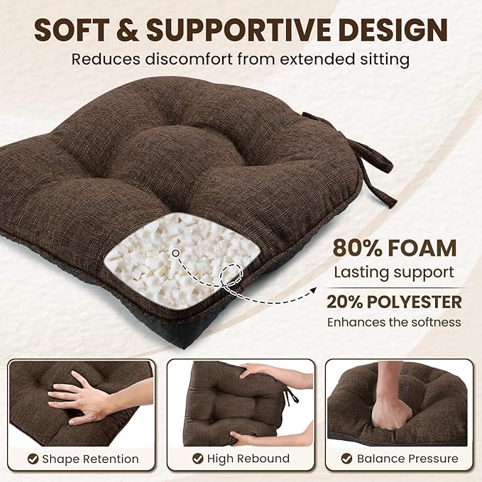 downluxe Indoor Chair Cushions for Dining Chairs, Tufted Overstuffed Textured Kitchen Chair Pads with Ties and Non-Slip Backing, 16.5" x 16.5" x 4", Brown, 4 Pack