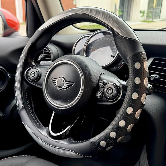 PINCTROT Race Grip Steering Wheel Cover, Anti Slip Silicone Perforated Design with Soft Touch Padding, Enhanced Grip for Sporty Driving, Universal 14.5-15 Inch (Racing Silver)