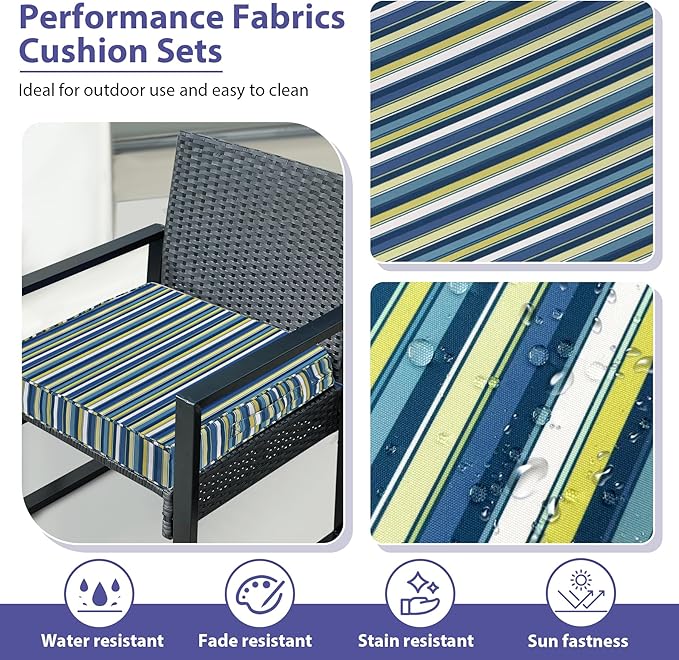 IPYNBAP Outdoor Chair Cushions Set of 4 -Waterproof Outdoor Seat Cushions for Patio Furniture, Patio Chair Cushion with Handle and Ties, Out Door Chair Pads,19x19x3-Square, Blue Stripe