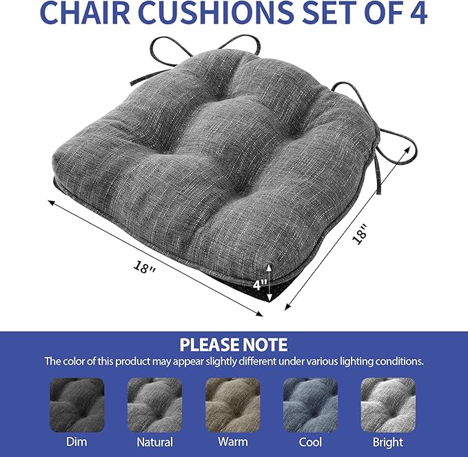IPYNBAP Chair Cushions for Dining Chairs Set of 4, Kitchen Chair Cushions, Chair Pads with Ties and Non Slip Backing, Tufted Memory Foam Seat Cushion 4 Pack, 18" x 18" x 4", Dark Gray