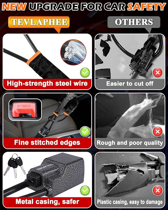Tevlaphee Steering Wheel Lock Seat Belt Lock Universal Anti Theft Car Device Car Lock Car Theft Prevention with 3 Keys for Car Security Fit Most Vehicles Truck SUV Van(Black)