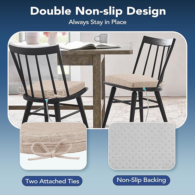 Chair Cushions for Dining Chairs, Non Slip Chair Pads with Ties and Washable Covers, Memory Foam Kitchen Chair Cushions Set of 6, 16"X16"X2.5", Oatmeal Beige