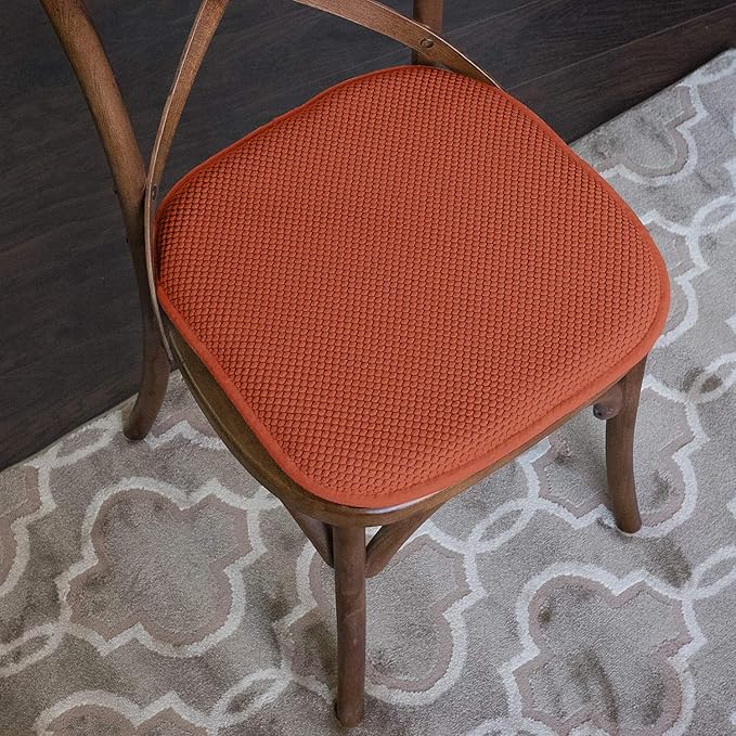 Sweet Home Collection Chair Cushion Memory Foam Pads Honeycomb Pattern Slip Non Skid Rubber Back Rounded Square 16" x 16" Seat Cover, 2 Pack, Rust