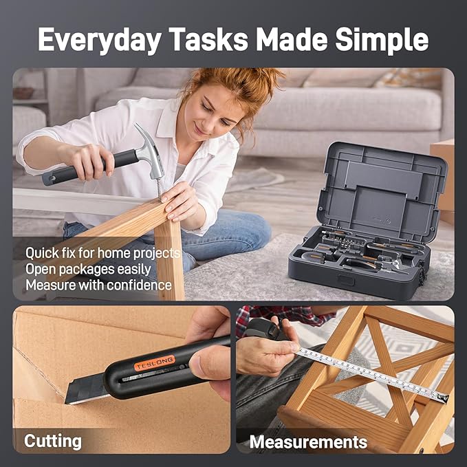Teslong Basic Tool Kit for Home & Apartment, Compact Lightweight Tool Set for Beginners & Renters, Essential Tools for Quick Repairs with Screwdriver, Wrench & Hammer