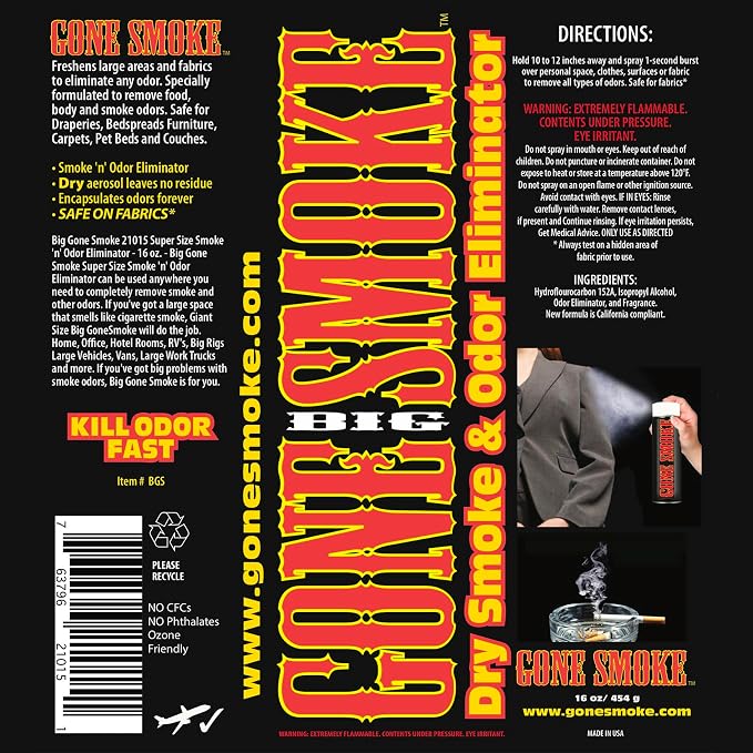 Big Gone Smoke- Dry Smoke Odor Eliminator Air Freshener Aerosol 16 oz 3 Pack