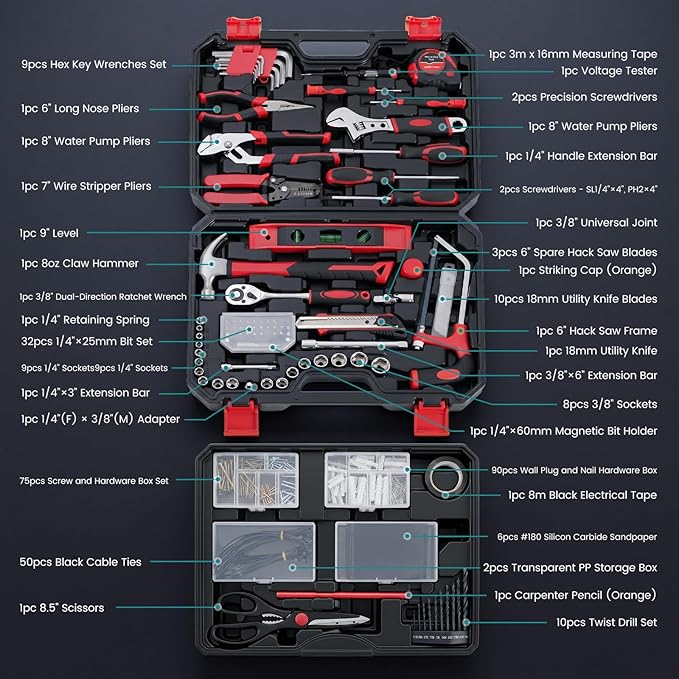 OLIXIS 330-Piece Home Repair Tool Kit with Pull-Out Drawer, Carbon & Cr-V Steel Tool Box for Home, Complete Homeowners Tool Kit for DIY & Auto Maintenance, Black-Red