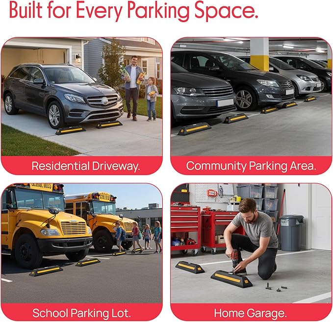 Pyle Curb Garage Vehicle Floor Safety Heavy Duty Rubber Parking Lot Driveway Stopper, for Car Vans Trucks Tire Wheel Guide Block Protect Bumper, 4 Pack PCRSTP11X4, Multicolored