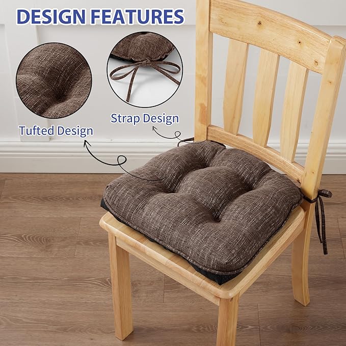 IPYNBAP Chair Cushions for Dining Chairs Set of 6, Kitchen Chair Cushions, Chair Pads with Ties and Non Slip Backing, Tufted Memory Foam Seat Cushion 6 Pack, 15.5" x 15.5" x 4", Brown