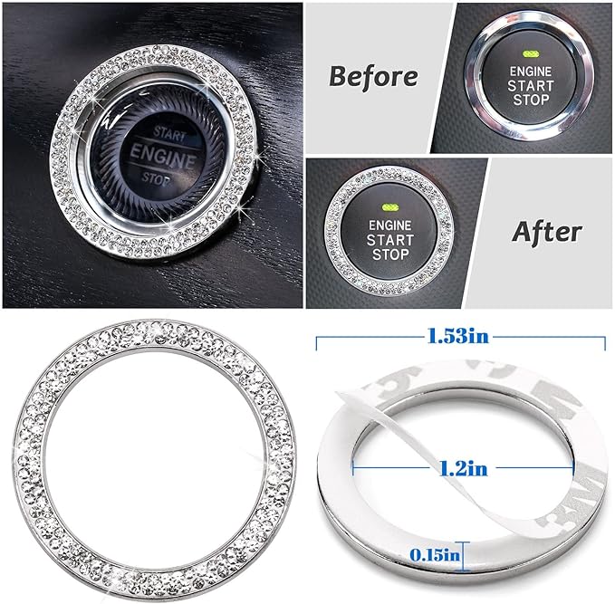 Bling Car Accessories for Women,7 Pack Sparkly Rhinestone Diamond Steering Wheel Cover Set,Bling Seat Belt Cushion,Shift Knob Cover,Push Start Button Accessories,Car Cup Coaster,Silver