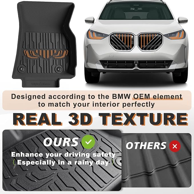 TripleAliners Floor Mats & Trunk Mat All Weather Liners Compatible with 2025 2026 BMW X3 Accessories TPE Cargo Custom Fit Anti-Slip Odorless Full Set Liners Protection(Floor Mats & Trunk Mat)