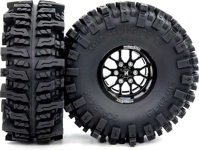 HOBBYSOUL 5.0'' Tall 1.9 Mud Slingers T8 tires & 1.9 Wheels, -10.5mm Negative Offset 1.9 Beadlock wheels and tires For 1/10 Crawler SCX10 TRX4 high Trail Upgrade, HS701547