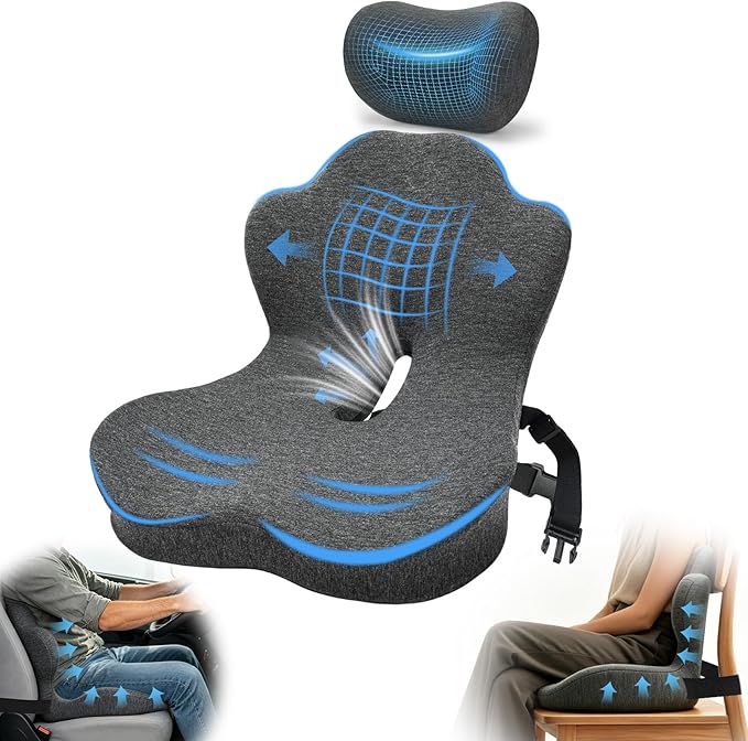 3-in-1 Memory Foam Seat Cushion & Headrest Pillow with Lumbar Support L-Shaped Ergonomic Driver Seat Cushions Design for Sciatica and Tailbone Pain Relief Comfort for Car,Truck,Chair