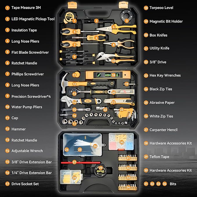 KOOPOOL Tool Kit for Home, Basic Tool Set for General Household and Auto Repair with Storage Case and Drawer for Homeowners, DIY Projects, and Handyman Mechanics