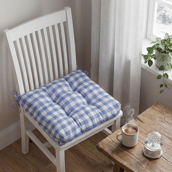Geetery 4 Pack Chair Cushions for Dining Chairs, 16" x 15" Blue and White Kitchen Chair Cushions with Ties Buffalo Plaid Soft Comfy Seat Pads for Home Office Living Room Outdoor Indoor