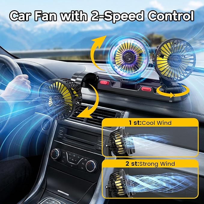 Portable 3-Head Car Cooling Fan, Fans for Vehicles Cars Trucks Dashboard (Cigarette Lighter Plug, No Battery)