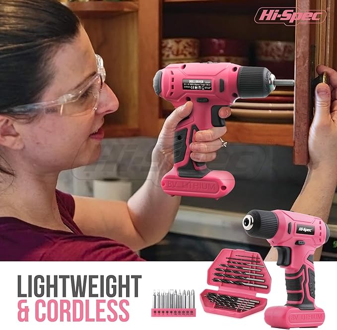 Hi-Spec 58pc Pink 8V USB Electric Power Cordless Drill Driver and Womens Ladies Home DIY Tool Kit Set. Screwdrivers, Drill Bit Set Accessories, Pliers and Hammer In a Toolbox Case