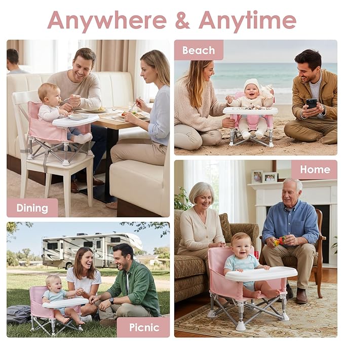 Tiny Marvels Portable Booster Seat, Foldable Baby High Chair with Removable Tray, Safety Harness & Carry Bag – for Toddlers Ages 6M-3Y, Ideal for Dining, Travel, Camping & Family Time