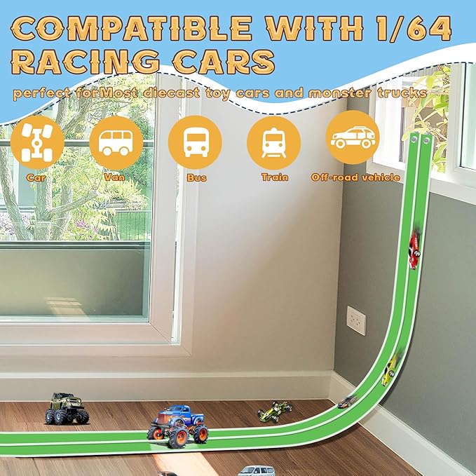 Flex Tracks 15 Ft for Kids Starter Set, Flexible Race Car Ramp Track with Suction Cups Compatible with Diecast 1/64th Cars for Ages 3 & Up (Green & White)