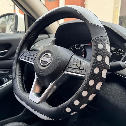 PINCTROT D Shaped Race Grip Steering Wheel Cover, Anti Slip Silicone Perforated Design with Soft Touch Padding, Enhanced Grip for Sporty Driving Flat Bottom 14.5-15 Inch (Racing White)