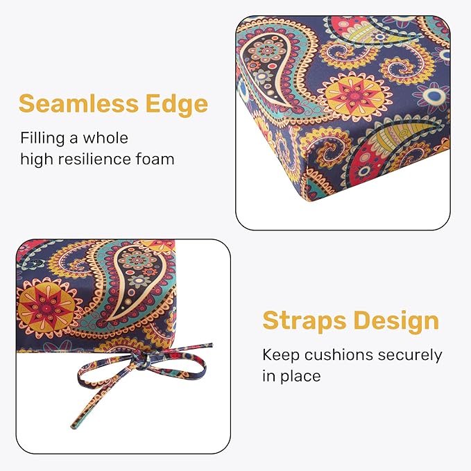 UNIKOME Outdoor Chair Cushions Pack of 4, Water Resistant Patio Cushions with Ties, High Density Sponge Filling Square Corner Seat Cushions for Outdoor Furniture, 24"*24"*4", Palmira Paisley