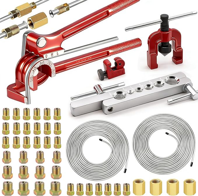 smseace 55Pack 3/16 Inch+3/16 Inch Brake line kit Include 25 FT Zinc-Plated Brake Lines with Fitting(32pcs Fittings,4pcs Union+8pcs Nut) Brake line Bender,Single Flare Tool,Cutter Brake line kit