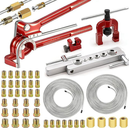 smseace 55Pack 3/16 Inch+3/16 Inch Brake line kit Include 25 FT Zinc-Plated Brake Lines with Fitting(32pcs Fittings,4pcs Union+8pcs Nut) Brake line Bender,Single Flare Tool,Cutter Brake line kit