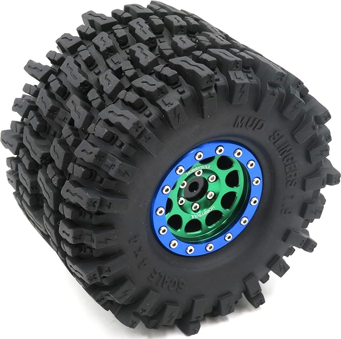 HOBBYSOUL Soft Sticky 1.9 Mud Slingers Tires T8 Tyre 120mm/4.72inch & 1.9 Beadlock Wheels Green Blue Color For 1/10 Rock Crawler Traxxas TRX4 Axial SCX10 Redcat Gen8, (4-Pack)