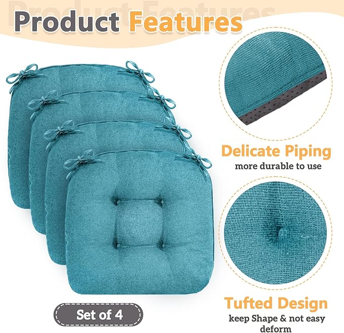 MAGIC ELEPHANT Chair Cushions for Dining Chairs, Memory Foam Kitchen Chair Cushions Set of 4, Non-Slip Thick Dining Room Chair Pads Seat Cushions, 15.5" x 15.5" x 4" (Aqua Blue)