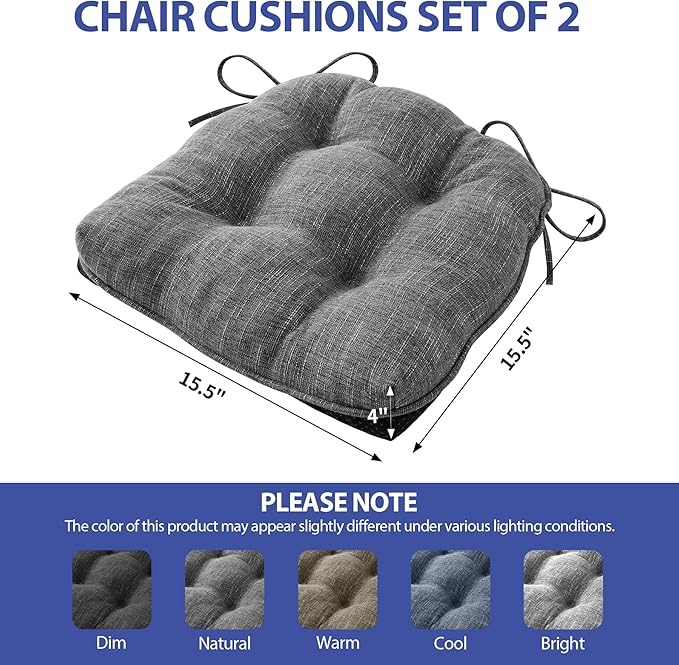 IPYNBAP Chair Cushions for Dining Chairs Set of 2, Kitchen Chair Cushions, Chair Pads with Ties and Non Slip Backing, Tufted Memory Foam Seat Cushion 2 Pack, 15.5" x 15.5" x 4", Dark Gray