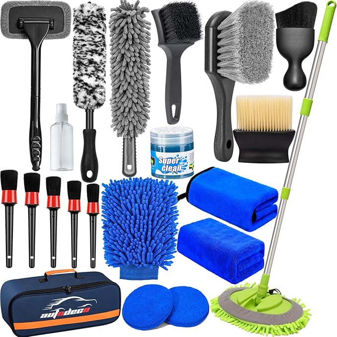 Car Detailing Kit, Car Detailing Brush Set with Wash Mop, Bendable Car Wheel Rim Cleaner Brush Set, Car Detailing Brushes, Car Wash Cleaning Tools Kit for Interior, Exterior, Wheels, Blue
