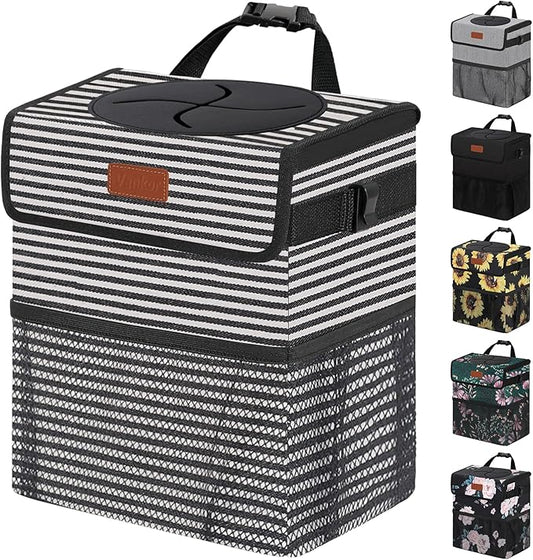 Vankor 3 Gallons Car Trash Can with Lid, Car Trash Bag Bin Hanging Waterproof Automotive Garbage Cans Leak Proof Vehicle Trash Can Stripe