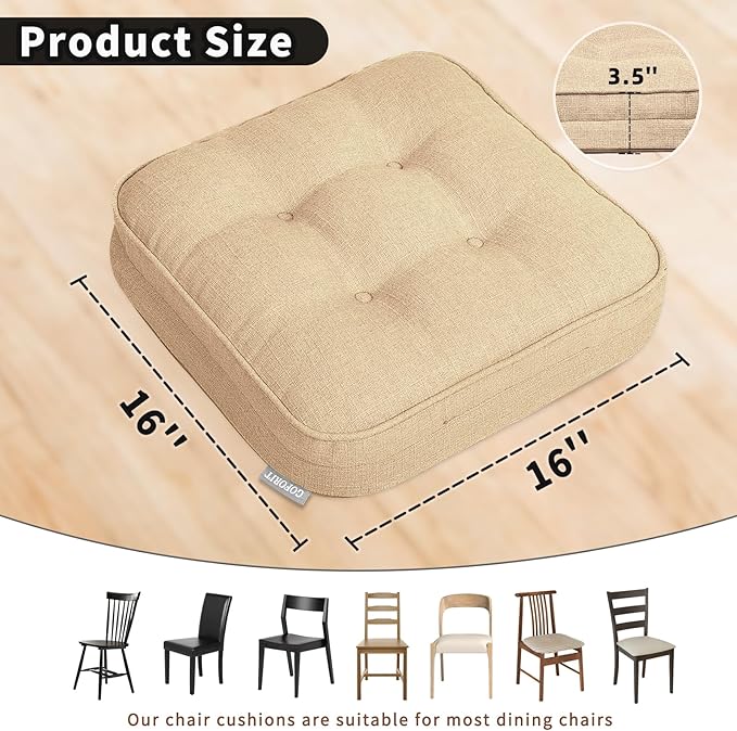 GOFORIT Memory Foam Cushion，Square Seat Cushions for Dining Chairs,Non-Slip Chair Pads with Removable Cover, 16'' x 16'', 4 Pack,Khaki