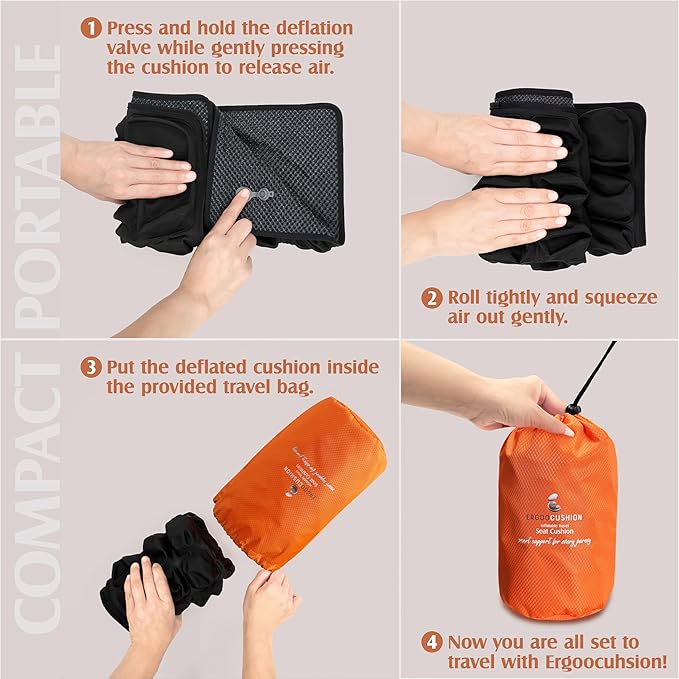 Inflatable Travel Seat Cushion with Built‑in Manual Pump, Adjustable Firmness & Compact Storage –Firm Support for Airplane, Car & Office Chairs, Generous 18x16, Carry Bag Included